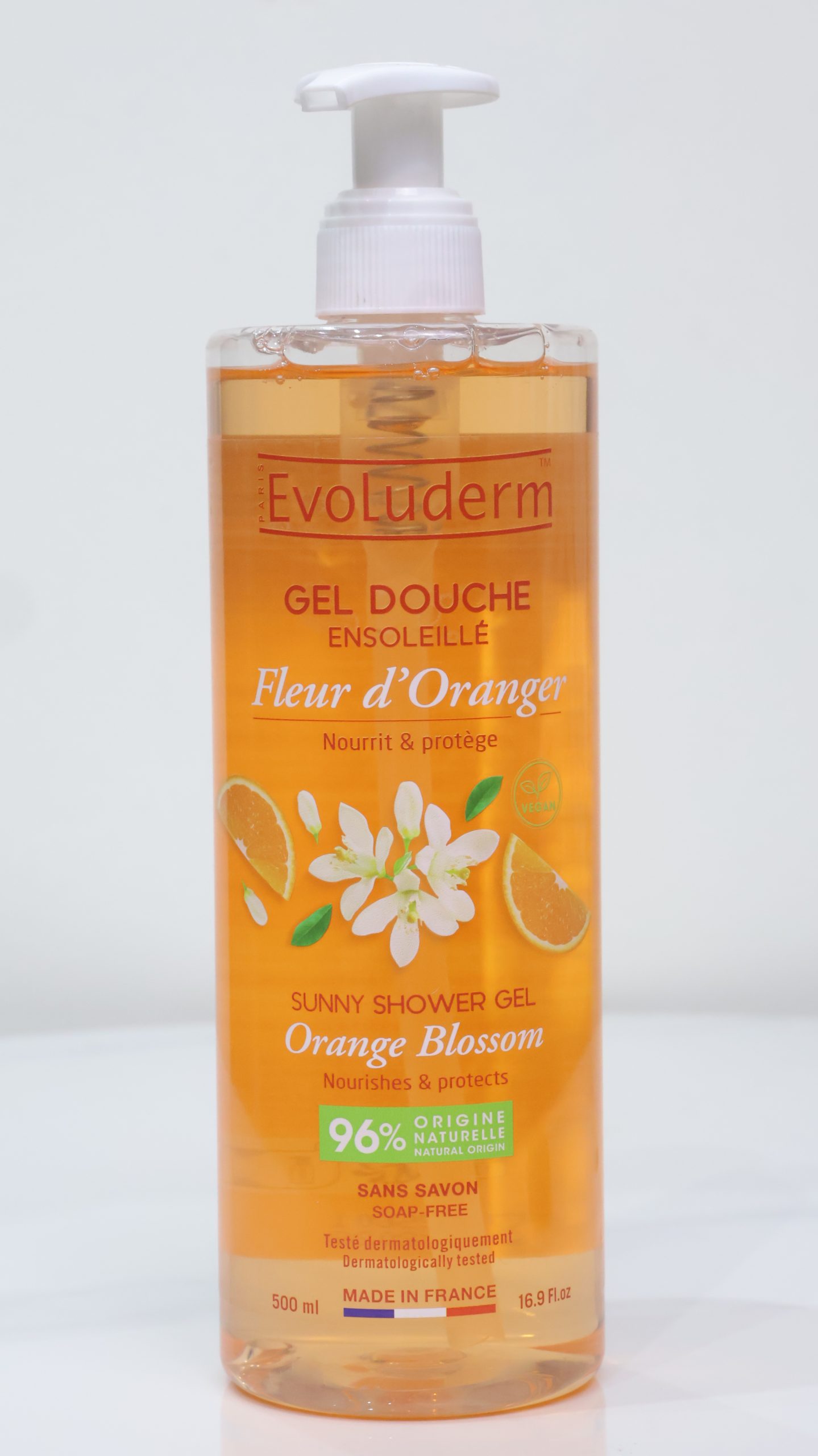 Sữa Tắm Evoluderm Gel Douche Ensoleillé Fleur d'Oranger (Hoa Cam) 500ml