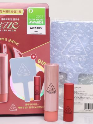 Set Son Dưỡng 3CE Glazy Lip Glow (Phiên Bản Giới Hạn 2025 Olive Young Awards) – Màu Rose Glaze