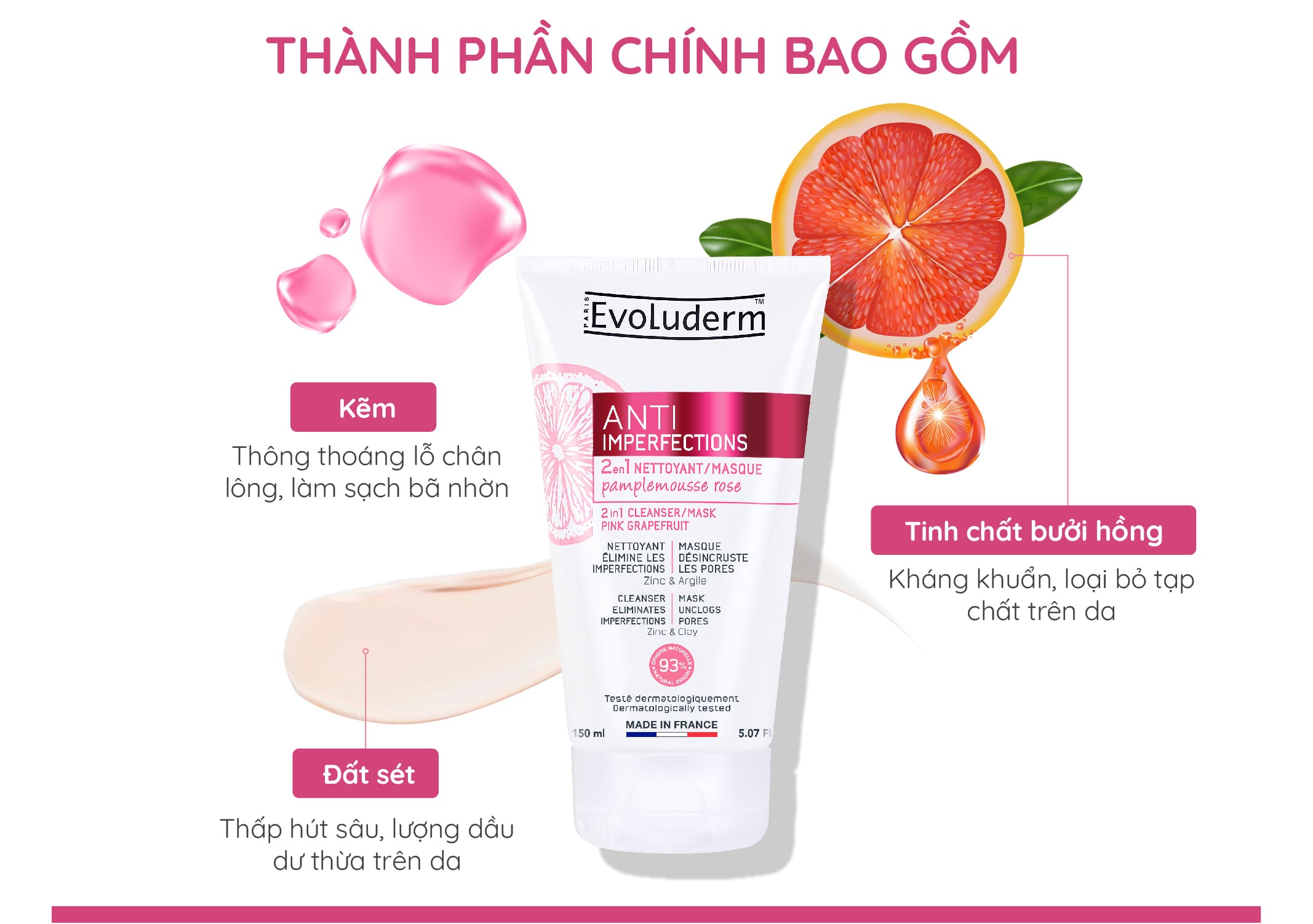 Sữa rửa mặt và Mặt nạ 2 trong 1 Evoluderm Anti Imperfections Pink Grapefruit (Bưởi hồng)